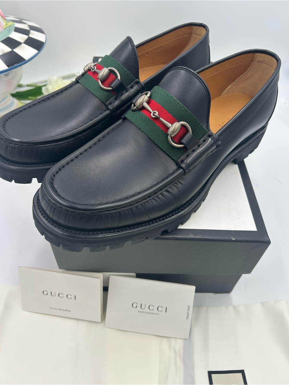 Men's Gucci lug sole web stripe horse bit loafers size 9 fits 9.5 US made Italy - Picture 10 of 11